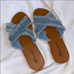 Criss Cross Denim Frayed Flat Sandals